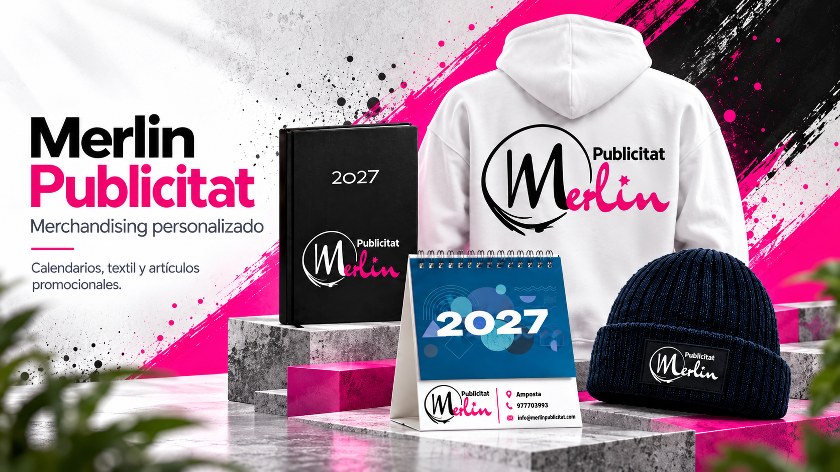 Merchandising Merlin Publicitat: agenda, calendari, dessuadora i gorro personalitzats